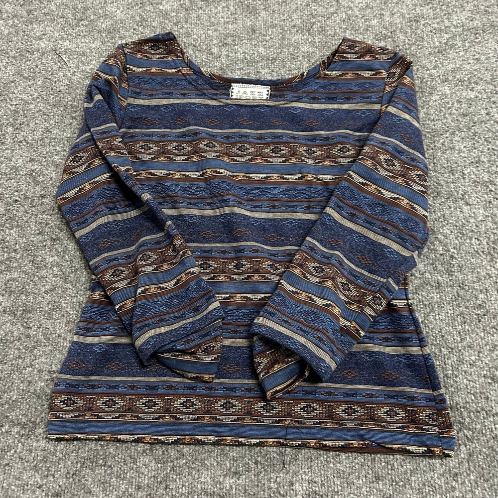 Jazz Sport Top Womens Size M Blue Southwestern Tribal Knit USA Made Scoop Neck